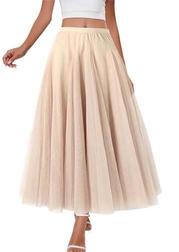 shownicer Tüllrock Damen Midi Überlagerter Elastischer Hoch Taillierter A Linien Tutu Rock Mesh Chiffon Faltenrock Freizeitrock A Aprikose L von shownicer