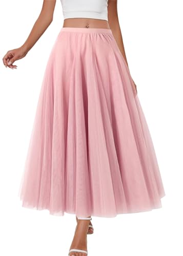shownicer Tüllrock Damen Midi Überlagerter Elastischer Hoch Taillierter A Linien Tutu Rock Mesh Chiffon Faltenrock Freizeitrock A Rosa 3XL von shownicer