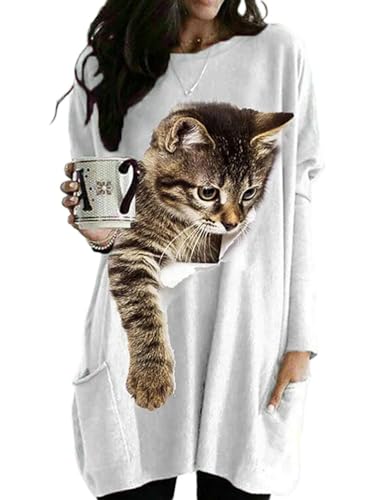 shownicer Tunika Damen Langarm Rundhals Tshirt Kleider Casual Lose Katze Druck Kleid Oversize Lang Tops Midikleid Freizeitkleider mit Taschen A Weiß XXL von shownicer