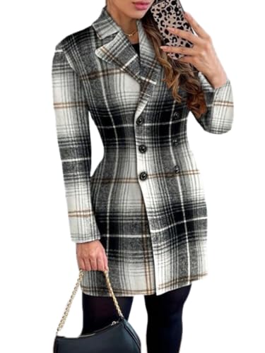 shownicer Tweedjacke Damen Karierte Mantel Klassische Revers Zweireihig Mantel Mode Warme Jacke Lange Wintermantel Übergangsjacke Wollmischung Outwear A Grau M von shownicer