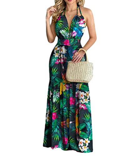 shownicer V Ausschnitt Kleid Damen Sommerkleider Boho Kleid Halfter Ärmellos Blumenkleid Strandkleid Lang Kleider MaxiKleid Cocktailkleid B Dunkelgrün S von shownicer