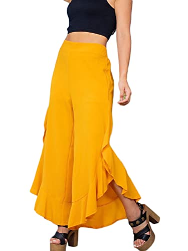 shownicer Waist Weite Hosen Damen Freizeithose High Waist Weite Hosen Leicht Loose Fit Casual Sommerhose mit Kräuselsaum Einfarbig Yogahose Hose mit Weitem Bein A Gelb L von shownicer