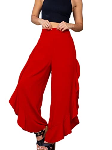 shownicer Waist Weite Hosen Damen Freizeithose High Waist Weite Hosen Leicht Loose Fit Casual Sommerhose mit Kräuselsaum Einfarbig Yogahose Hose mit Weitem Bein A Rot XXL von shownicer