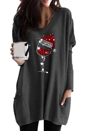 shownicer Weihnachten Sweatshirt Damen Weihnachtspullover Langarmshirt Christmas Sweatshirt Lustig Weihnachten Drucken Langarmshirt Xmas Pulli Oberteil B Dunkelgrau XXL von shownicer