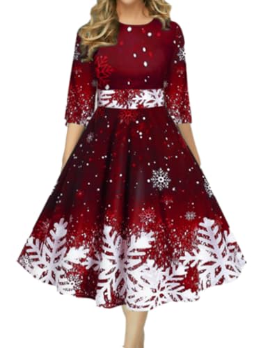 shownicer Weihnachtskleid Damen Elegant Vintage Langarm Swing-Kleid Weihnachten Schneeflocken-Druck Partykleid A-Linie Swing Kleid Xmas Casual Dress A Rot XXL von shownicer