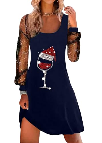 shownicer Weihnachtskleid Damen Weihnachten Rot Weinglas Druck Minikleid Sexy Mesh Partykleid Lose Rundhals Langarm Kleider Herbst Winter Christmas Festkleid A Blau L von shownicer