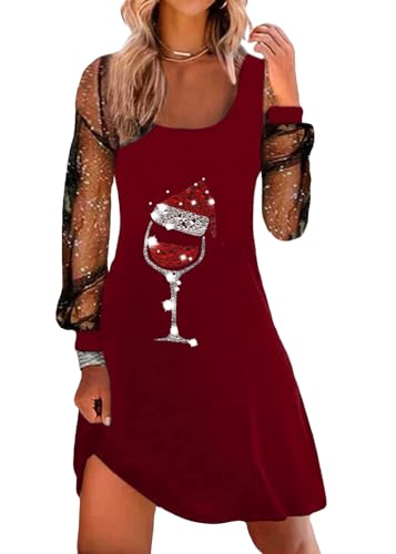 shownicer Weihnachtskleid Damen Weihnachten Rot Weinglas Druck Minikleid Sexy Mesh Partykleid Lose Rundhals Langarm Kleider Herbst Winter Christmas Festkleid A Rot 3XL von shownicer