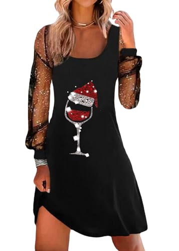 shownicer Weihnachtskleid Damen Weihnachten Rot Weinglas Druck Minikleid Sexy Mesh Partykleid Lose Rundhals Langarm Kleider Herbst Winter Christmas Festkleid A Schwarz 3XL von shownicer