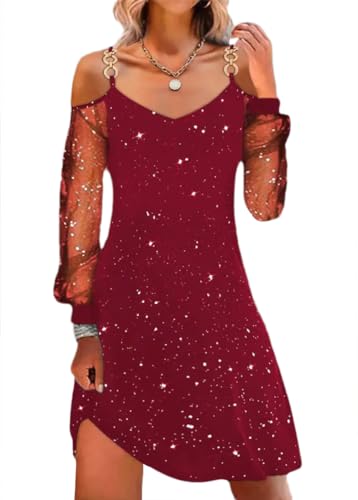 shownicer Weihnachtskleid Damen Weihnachten Rot Weinglas Druck Minikleid Sexy Mesh Partykleid Lose Rundhals Langarm Kleider Herbst Winter Christmas Festkleid B Rot S von shownicer