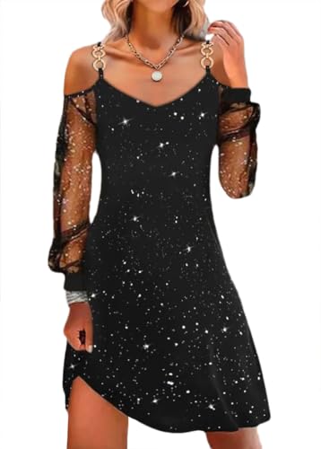 shownicer Weihnachtskleid Damen Weihnachten Rot Weinglas Druck Minikleid Sexy Mesh Partykleid Lose Rundhals Langarm Kleider Herbst Winter Christmas Festkleid B Schwarz M von shownicer