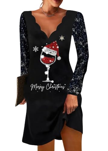 shownicer Weihnachtskleid Damen Weihnachten Rot Weinglas Druck Minikleid Sexy Mesh Partykleid Lose Rundhals Langarm Kleider Herbst Winter Christmas Festkleid C Schwarz 3XL von shownicer