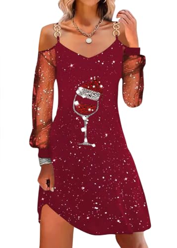 shownicer Weihnachtskleid Damen Weihnachten Rot Weinglas Druck Minikleid Sexy Mesh Partykleid Lose Rundhals Langarm Kleider Herbst Winter Christmas Festkleid D Rot S von shownicer