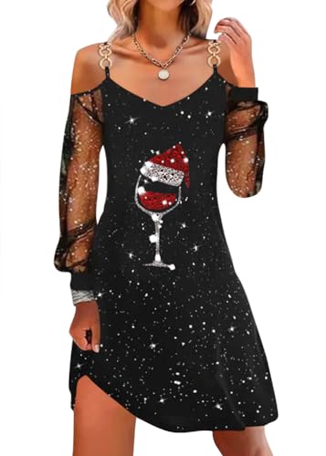 shownicer Weihnachtskleid Damen Weihnachten Rot Weinglas Druck Minikleid Sexy Mesh Partykleid Lose Rundhals Langarm Kleider Herbst Winter Christmas Festkleid D Schwarz 3XL von shownicer