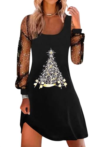 shownicer Weihnachtskleid Damen Weihnachten Rot Weinglas Druck Minikleid Sexy Mesh Partykleid Lose Rundhals Langarm Kleider Herbst Winter Christmas Festkleid F Schwarz M von shownicer