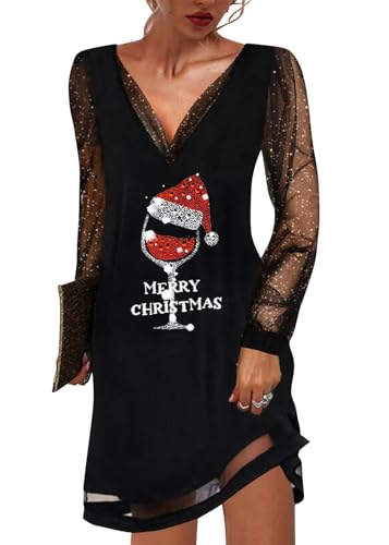 shownicer Weihnachtskleid Damen Weihnachten Rot Weinglas Druck Minikleid Sexy Mesh Partykleid Lose Rundhals Langarm Kleider Herbst Winter Christmas Festkleid G Schwarz3 M von shownicer
