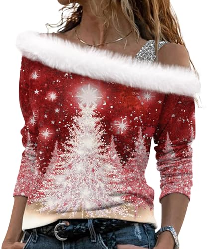 shownicer Weihnachtspullover Damen Christmas Sweatshirt Schulterfrei Weihnachts Pullover Weihnachtsbaum Schneeflocke Drucken Langarmshirt Xmas Pulli Oberteil C Rot L C Rot L von shownicer