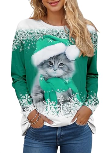 shownicer Weihnachtspullover Damen Langarmshirt Christmas Katze Sweatshirt 3D Druck Katzen-Muster Pullover Weihnachts Langarmshirt Xmas Pulli Oberteil A Grün M von shownicer