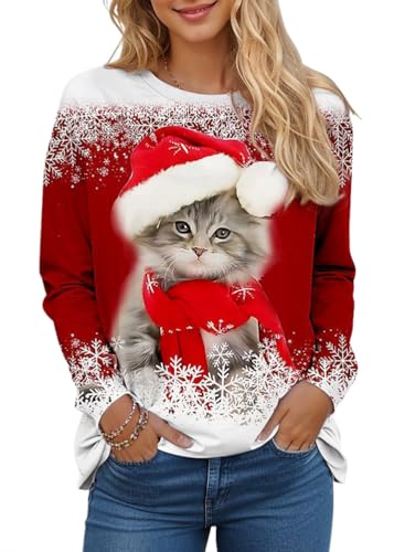 shownicer Weihnachtspullover Damen Langarmshirt Christmas Katze Sweatshirt 3D Druck Katzen-Muster Pullover Weihnachts Langarmshirt Xmas Pulli Oberteil A Rot 3XL von shownicer