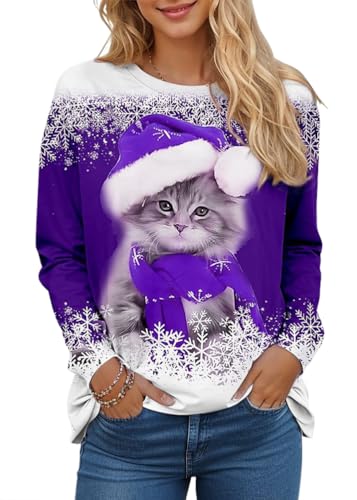shownicer Weihnachtspullover Damen Langarmshirt Christmas Katze Sweatshirt 3D Druck Katzen-Muster Pullover Weihnachts Langarmshirt Xmas Pulli Oberteil A Violett M von shownicer