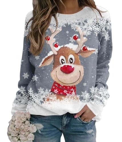 shownicer Weihnachtspullover Damen Lustig Druck Christmas Sweatshirt Weihnachts Rundhals Pullover Schneemann Langarmshirt Xmas Pulli Oberteil B Grau M von shownicer