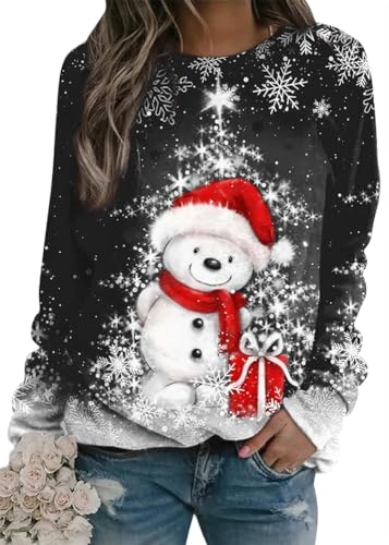 shownicer Weihnachtspullover Damen Lustig Druck Christmas Sweatshirt Weihnachts Rundhals Pullover Schneemann Langarmshirt Xmas Pulli Oberteil D Schwarz L von shownicer