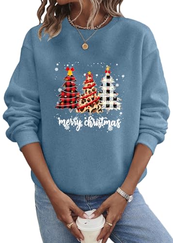 shownicer Weihnachtspullover Damen Sweatshirt Rundhals Langarm Weihnachten Pullover Casual Christmas Sweat Tops für Frauen Teenager Mädchen Weihnachtspulli A Blau S von shownicer