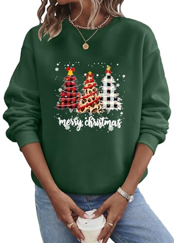 shownicer Weihnachtspullover Damen Sweatshirt Rundhals Langarm Weihnachten Pullover Casual Christmas Sweat Tops für Frauen Teenager Mädchen Weihnachtspulli A Dunkelgrün S von shownicer