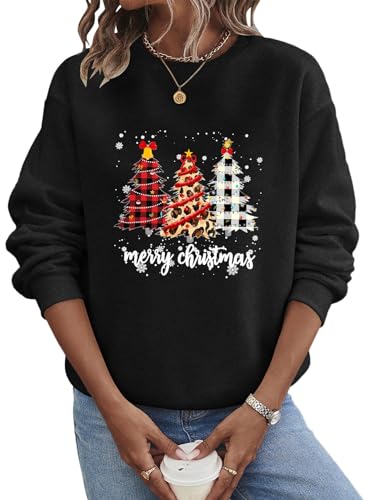 shownicer Weihnachtspullover Damen Sweatshirt Rundhals Langarm Weihnachten Pullover Casual Christmas Sweat Tops für Frauen Teenager Mädchen Weihnachtspulli A Schwarz S von shownicer