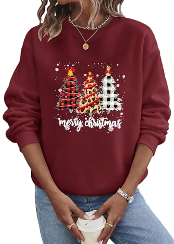 shownicer Weihnachtspullover Damen Sweatshirt Rundhals Langarm Weihnachten Pullover Casual Christmas Sweat Tops für Frauen Teenager Mädchen Weihnachtspulli A Weinrot L von shownicer