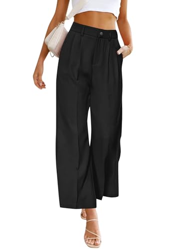 shownicer Weite Hose Damen Hohe Taille Anzughose Einfarbig Freizeithose Business Arbeitshose Lässig Stoffhose Mit Tasche A Schwarz XS von shownicer