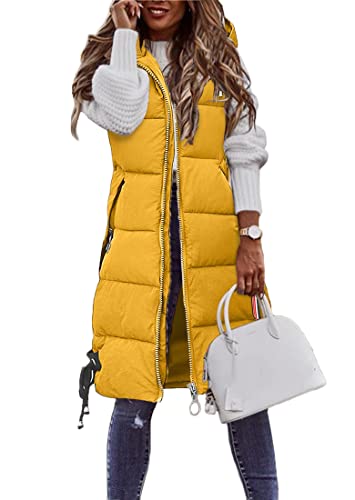 shownicer Weste Damen Lang Ärmellose Steppweste Daunenweste Kapuzenweste Lange Winteroberbekleidung Reißverschluss Mantel Outdoor Pufferweste Winter Leichte Winterweste A Gelb XL von shownicer