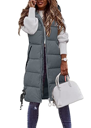 shownicer Weste Damen Lang Ärmellose Steppweste Daunenweste Kapuzenweste Lange Winteroberbekleidung Reißverschluss Mantel Outdoor Pufferweste Winter Leichte Winterweste A Grau L von shownicer