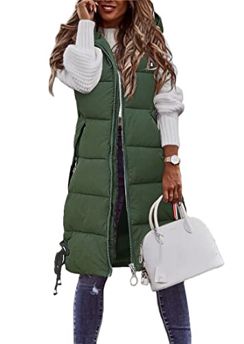 shownicer Weste Damen Lang Ärmellose Steppweste Daunenweste Kapuzenweste Lange Winteroberbekleidung Reißverschluss Mantel Outdoor Pufferweste Winter Leichte Winterweste A Grün S von shownicer