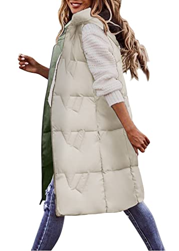 shownicer Weste Damen Lang Ärmellose Steppweste Daunenweste Kapuzenweste Lange Winteroberbekleidung Reißverschluss Mantel Outdoor Pufferweste Winter Leichte Winterweste C Beige S von shownicer