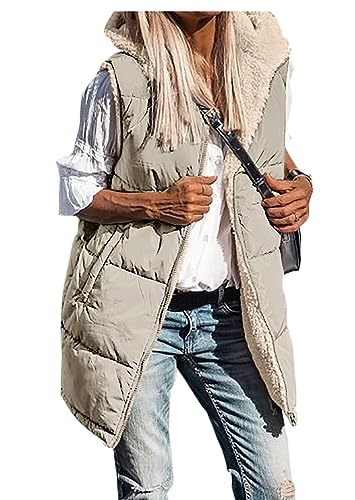 shownicer Weste Damen Lang Ärmellose Steppweste Daunenweste Kapuzenweste Lange Winteroberbekleidung Reißverschluss Mantel Outdoor Pufferweste Winter Leichte Winterweste D Khaki XL von shownicer
