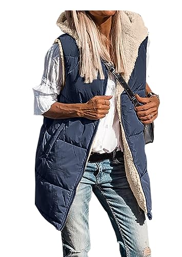 shownicer Weste Damen Lang Ärmellose Steppweste Daunenweste Kapuzenweste Lange Winteroberbekleidung Reißverschluss Mantel Outdoor Pufferweste Winter Leichte Winterweste D Marine S von shownicer