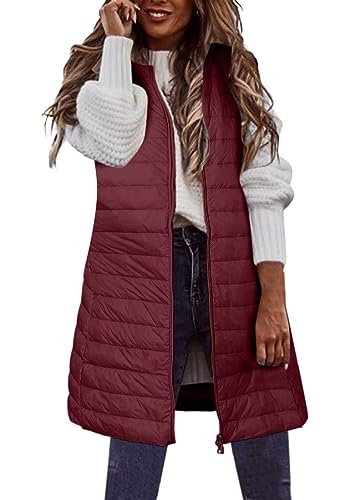 shownicer Weste Damen Lang Ärmellose Steppweste Daunenweste Kapuzenweste Lange Winteroberbekleidung Reißverschluss Mantel Outdoor Pufferweste Winter Leichte Winterweste F Rot S von shownicer
