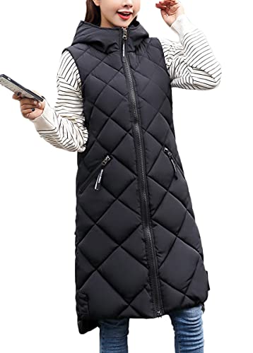 shownicer Weste Damen Lang Daunenweste Damen Lang Wintermantel Vest mit Kapuze Weste Mantel Ärmellose Warmer Daunenmantel mit Taschen Steppweste Damen Daunenjacke D Schwarz L von shownicer