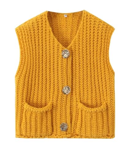 shownicer Weste Damen Strick Pullunder ärmellos V-Ausschnitt Mode Strickweste Warm Einfarbig Pullunder Herbst Winter A Dunkelgelb M von shownicer