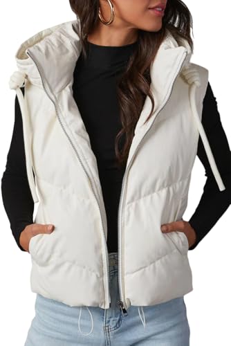 shownicer Weste mit Kapuze Damen Ärmellose Steppweste Daunenweste Übergangsweste Winterjacke Leichte Warm Winterweste A Weiß M von shownicer