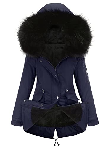 shownicer Winterjacke Damen Dicke Warme Winddichte Parka Jacke mit Kapuze Freizeit Mittellanger Baumwolljacke Mantel mit Tasche A Blau 3XL von shownicer