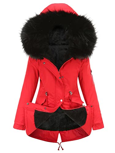 shownicer Winterjacke Damen Dicke Warme Winddichte Parka Jacke mit Kapuze Freizeit Mittellanger Baumwolljacke Mantel mit Tasche A Rot L von shownicer