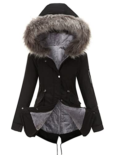 shownicer Winterjacke Damen Dicke Warme Winddichte Parka Jacke mit Kapuze Freizeit Mittellanger Baumwolljacke Mantel mit Tasche A Schwarz L von shownicer