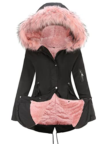 shownicer Winterjacke Damen Dicke Warme Winddichte Parka Jacke mit Kapuze Freizeit Mittellanger Baumwolljacke Mantel mit Tasche A Schwarz-Rosa 3XL von shownicer