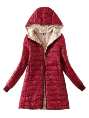 shownicer Winterjacke Damen Elegant Mittellanger Steppjacke Warm Baumwolle Daunenjacken Verdicken Gefüttert Wintermantel Winddichter GemüTlich Jacket mit Kapuze A Rot L von shownicer