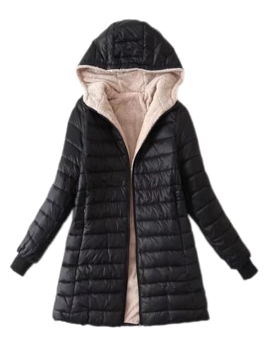 shownicer Winterjacke Damen Elegant Mittellanger Steppjacke Warm Baumwolle Daunenjacken Verdicken Gefüttert Wintermantel Winddichter GemüTlich Jacket mit Kapuze A Schwarz 3XL von shownicer