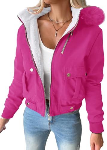 shownicer Winterjacke Damen Warm Jacket Fleecejacke mit Kapuze Elegant Einfarbig Übergangsjacke Große Größen Winterparka Outdoor Jacken Wintermantel A Rosa S von shownicer