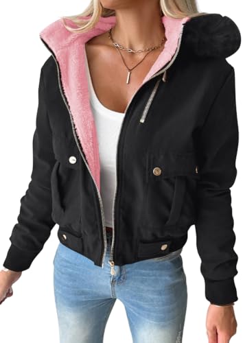 shownicer Winterjacke Damen Warm Jacket Fleecejacke mit Kapuze Elegant Einfarbig Übergangsjacke Große Größen Winterparka Outdoor Jacken Wintermantel A Schwarz XL von shownicer