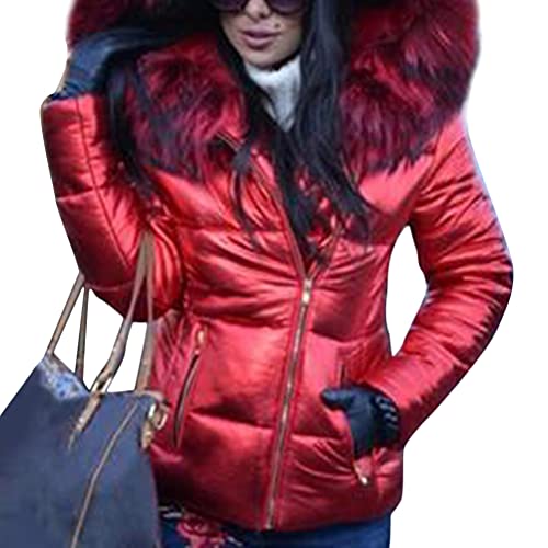 shownicer Wintermantel Damen Langarm Winterjacke Dickere Warm Winterparka Reißverschluss Tasche Mantel Freizeit Parka Kälteschutz Windjacke Angenehm Übergangsjacke Rot 3XL von shownicer