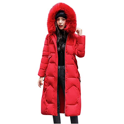 shownicer Wintermantel Damen Lange Winterjacke Winterparka Warm Slim Fit Jacke Dicker Stepp Mantel Frauen Übergangsjacke Coat Outwear Mit Pelzkapuze Reißverschluss Rot XL von shownicer